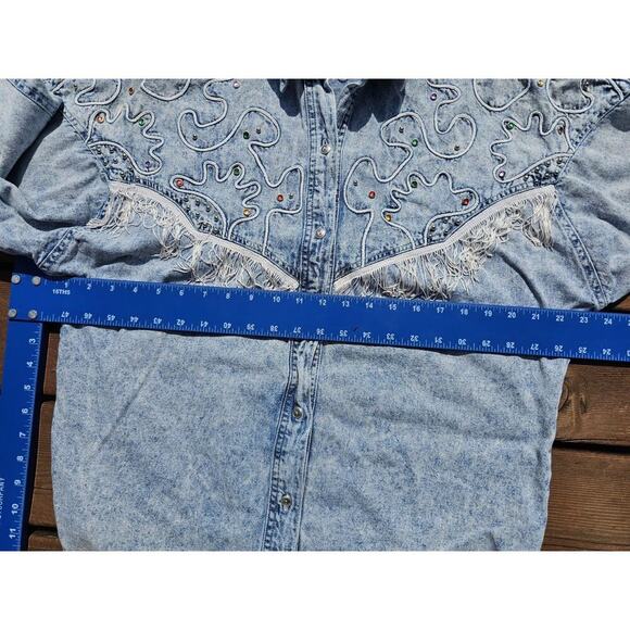 Vintage Next Move Denim Fringe Embellished Beaded Cowgirl Rodeo Shirt Womens - Picture 5 of 8